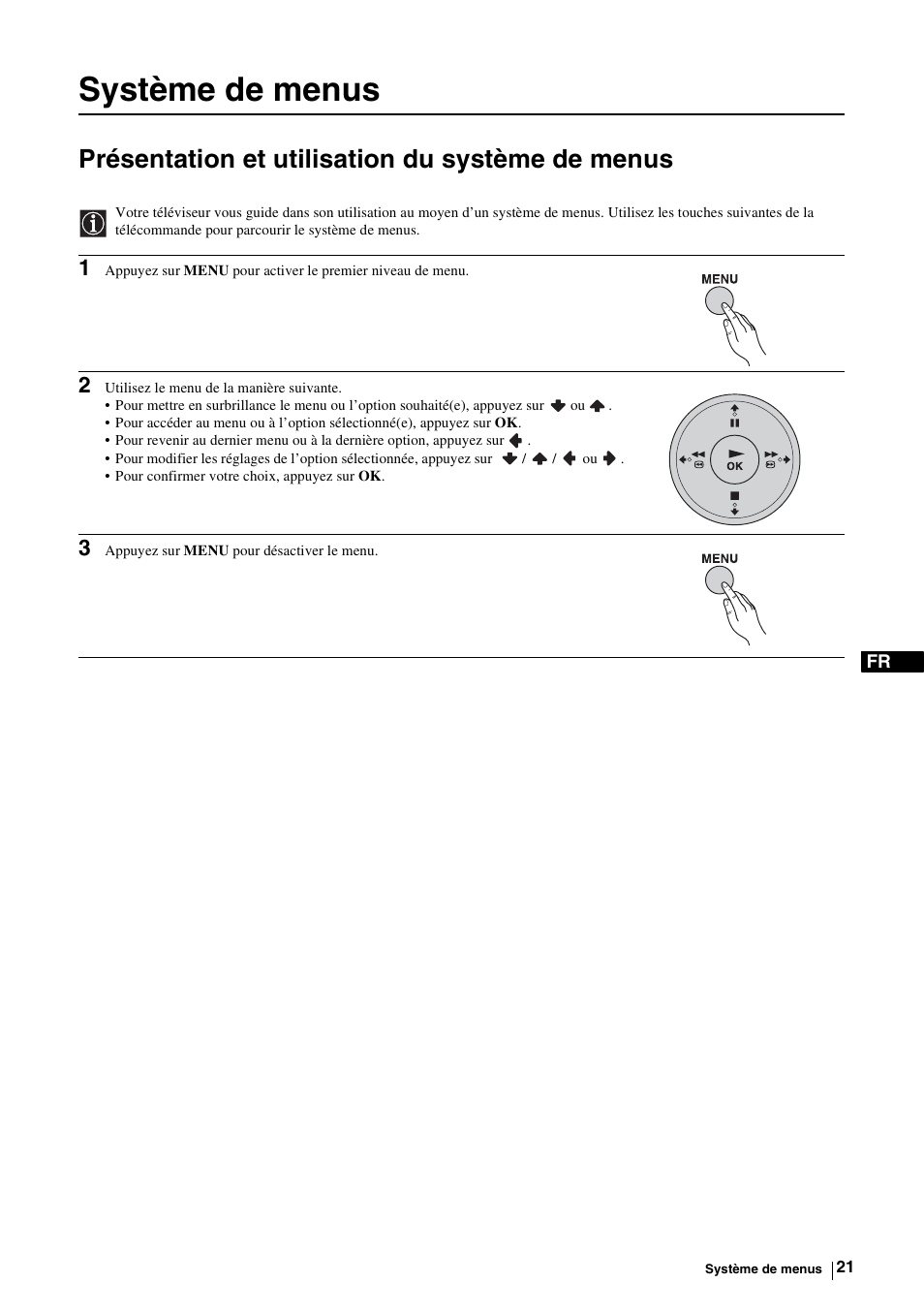 Système de menus, Présentation et utilisation du système de menus | Sony KE-P37M1 User Manual | Page 123 / 204