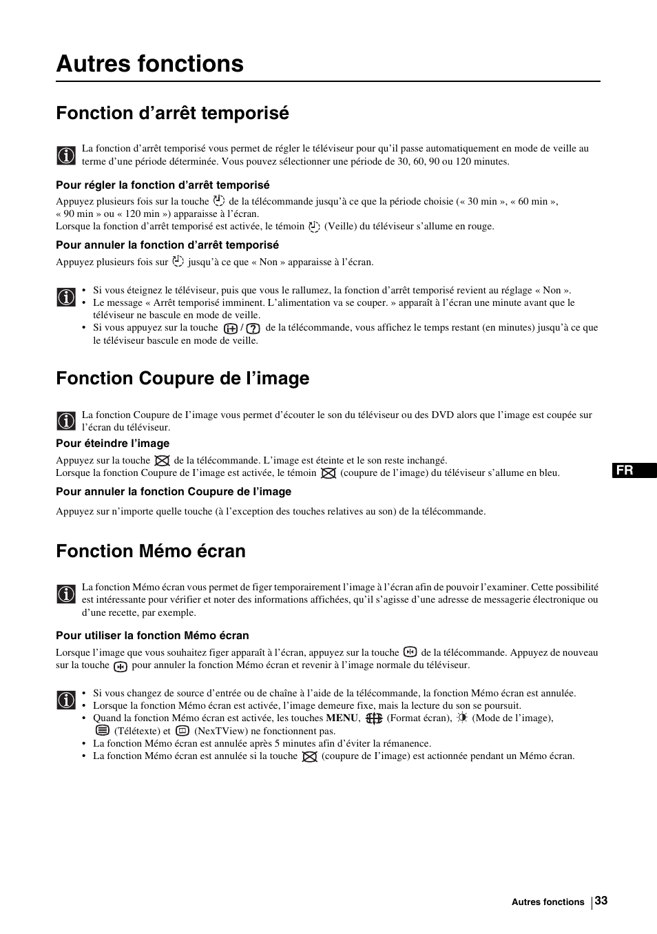 Autres fonctions, Fonction d’arrêt temporisé, Fonction coupure de i’image | Fonction mémo écran | Sony KE-P37M1 User Manual | Page 135 / 204