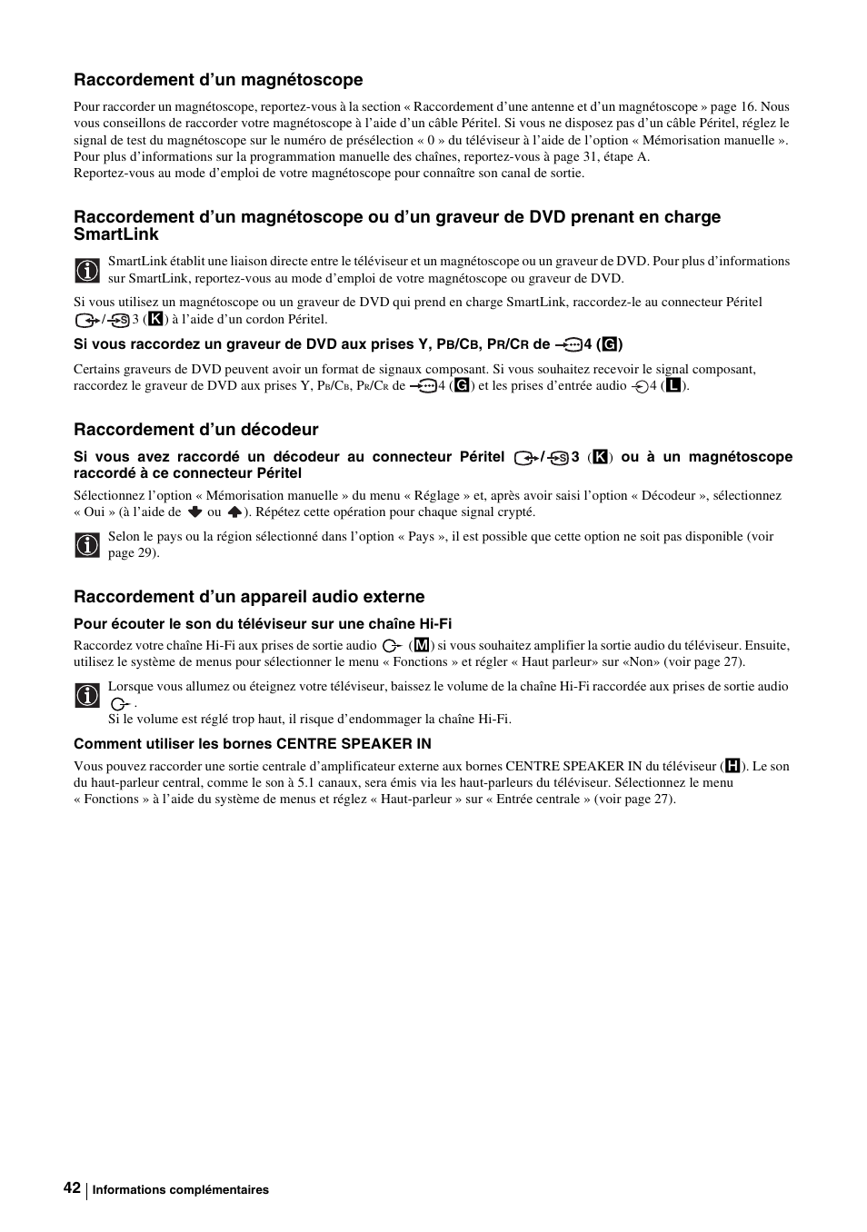 Raccordement d’un magnétoscope, Raccordement d’un décodeur, Raccordement d’un appareil audio externe | Sony KE-P37M1 User Manual | Page 144 / 204