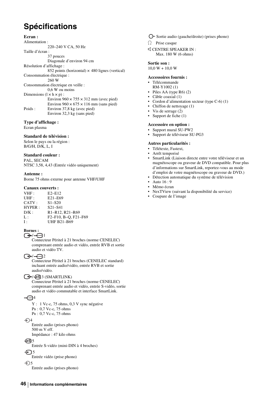 Spécifications | Sony KE-P37M1 User Manual | Page 148 / 204