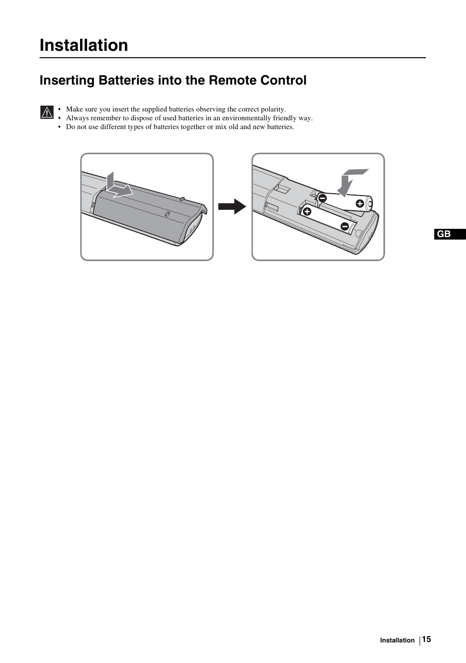 Installation, Inserting batteries into the remote control | Sony KE-P37M1 User Manual | Page 17 / 204