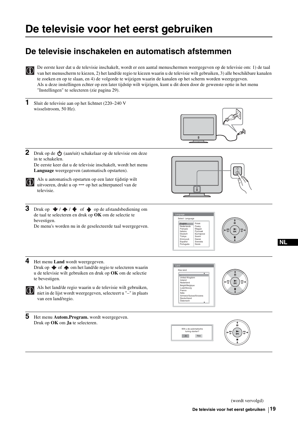 De televisie voor het eerst gebruiken, De televisie inschakelen en automatisch afstemmen | Sony KE-P37M1 User Manual | Page 173 / 204