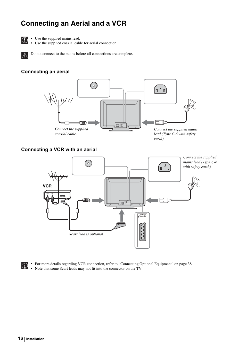 Connecting an aerial and a vcr, Connecting an aerial, Connecting a vcr with an aerial | Sony KE-P37M1 User Manual | Page 18 / 204