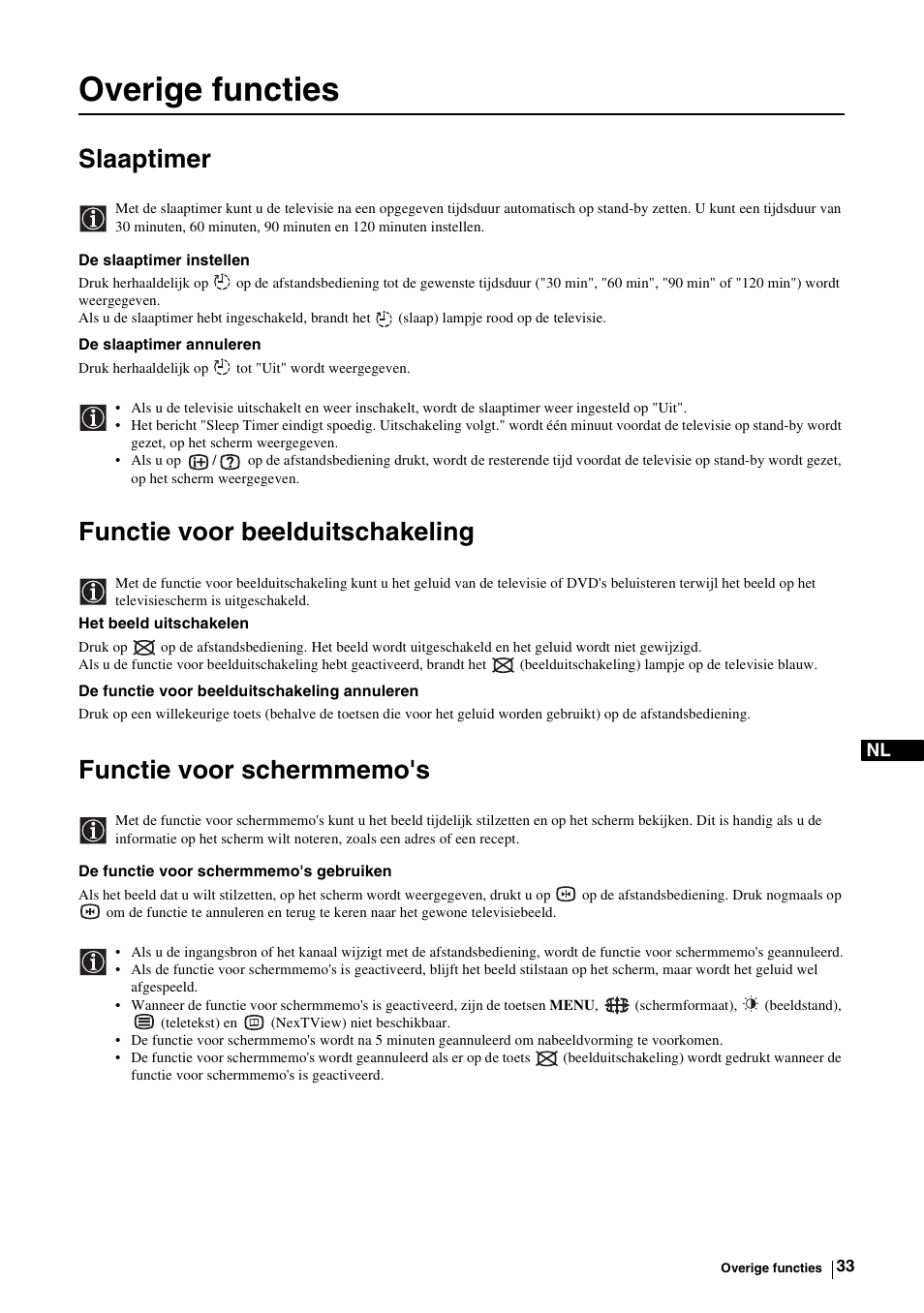 Overige functies, Slaaptimer, Functie voor beelduitschakeling | Functie voor schermmemo's | Sony KE-P37M1 User Manual | Page 187 / 204