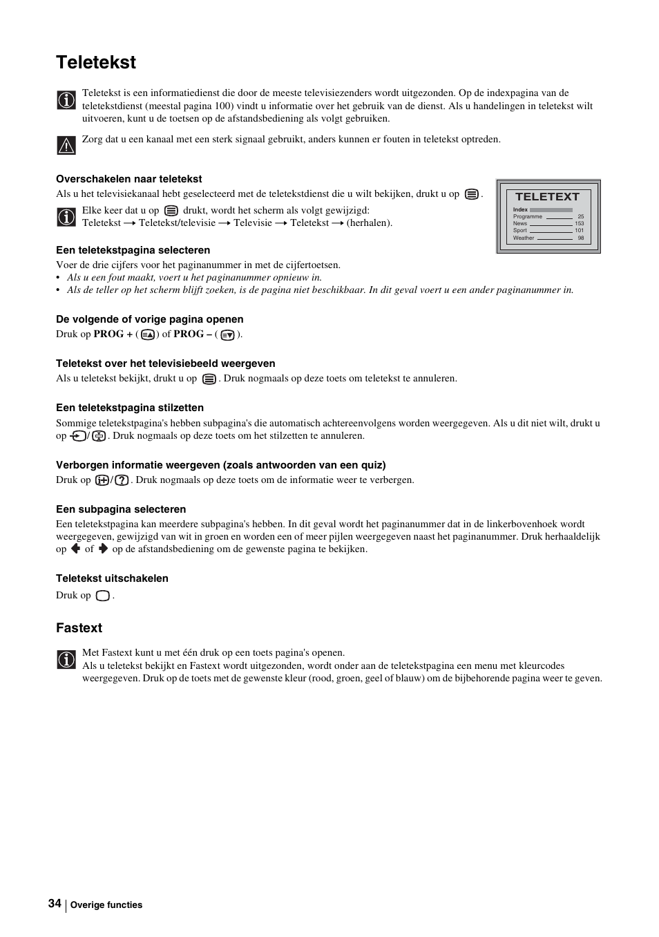 Teletekst, Teletekst" op, Fastext | Sony KE-P37M1 User Manual | Page 188 / 204