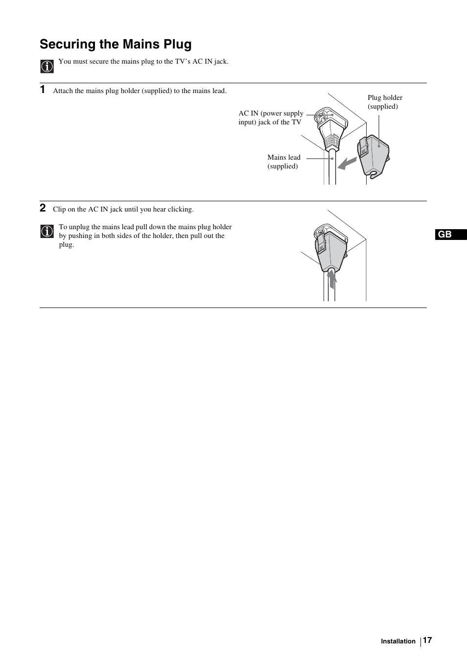 Securing the mains plug | Sony KE-P37M1 User Manual | Page 19 / 204