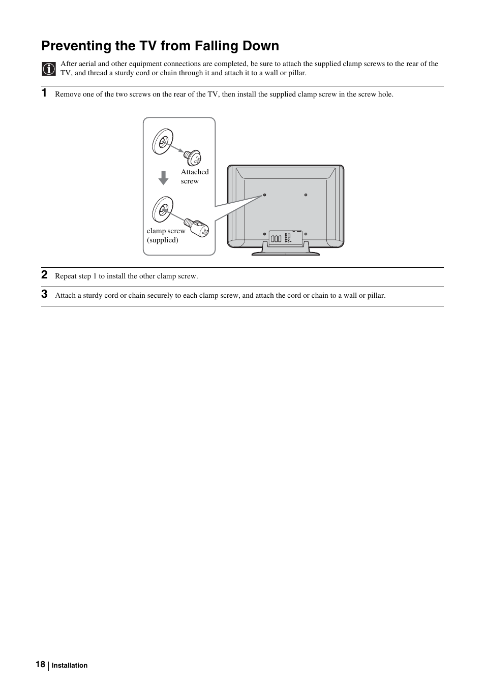 Preventing the tv from falling down | Sony KE-P37M1 User Manual | Page 20 / 204