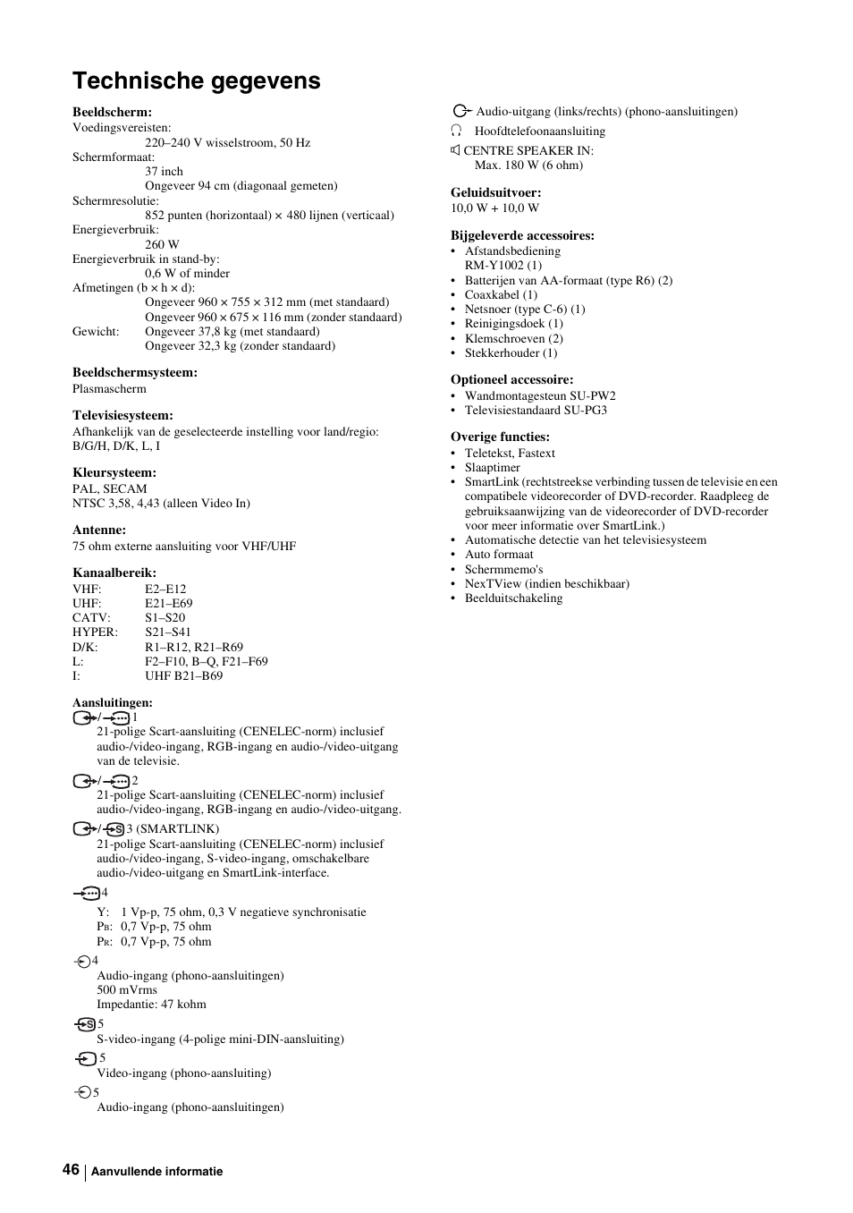 Technische gegevens | Sony KE-P37M1 User Manual | Page 200 / 204