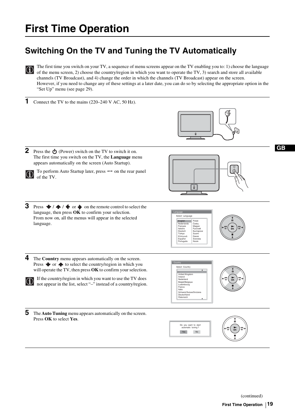 First time operation, Switching on the tv and tuning, The tv automatically | Sony KE-P37M1 User Manual | Page 21 / 204