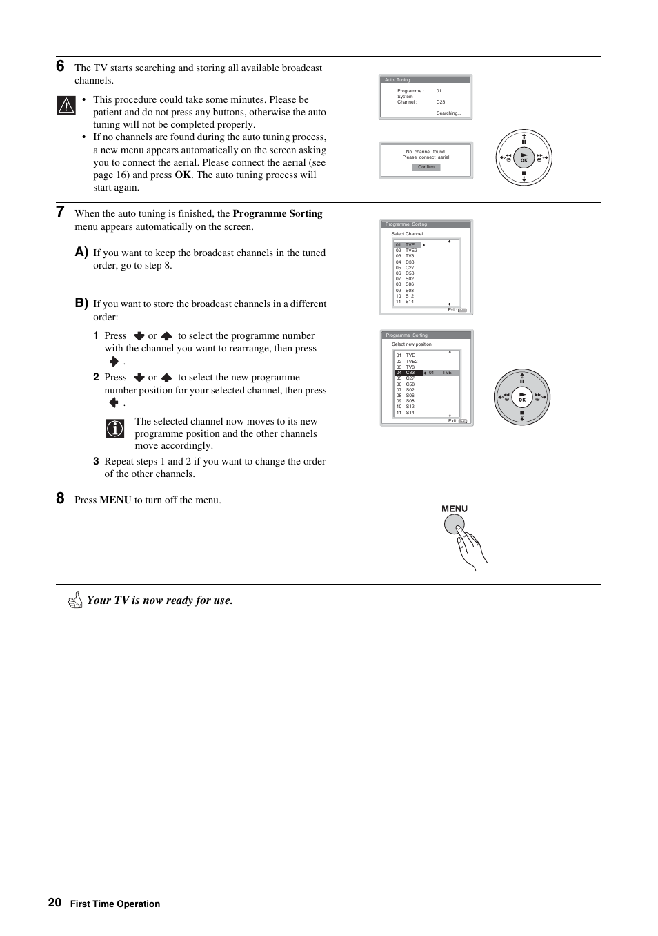 Your tv is now ready for use, Press menu to turn off the menu | Sony KE-P37M1 User Manual | Page 22 / 204