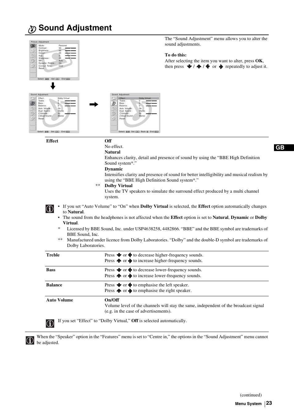 Sound adjustment | Sony KE-P37M1 User Manual | Page 25 / 204