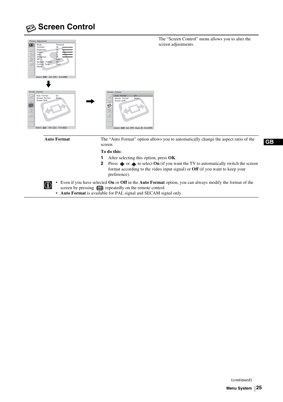 Screen control, Continued) | Sony KE-P37M1 User Manual | Page 27 / 204