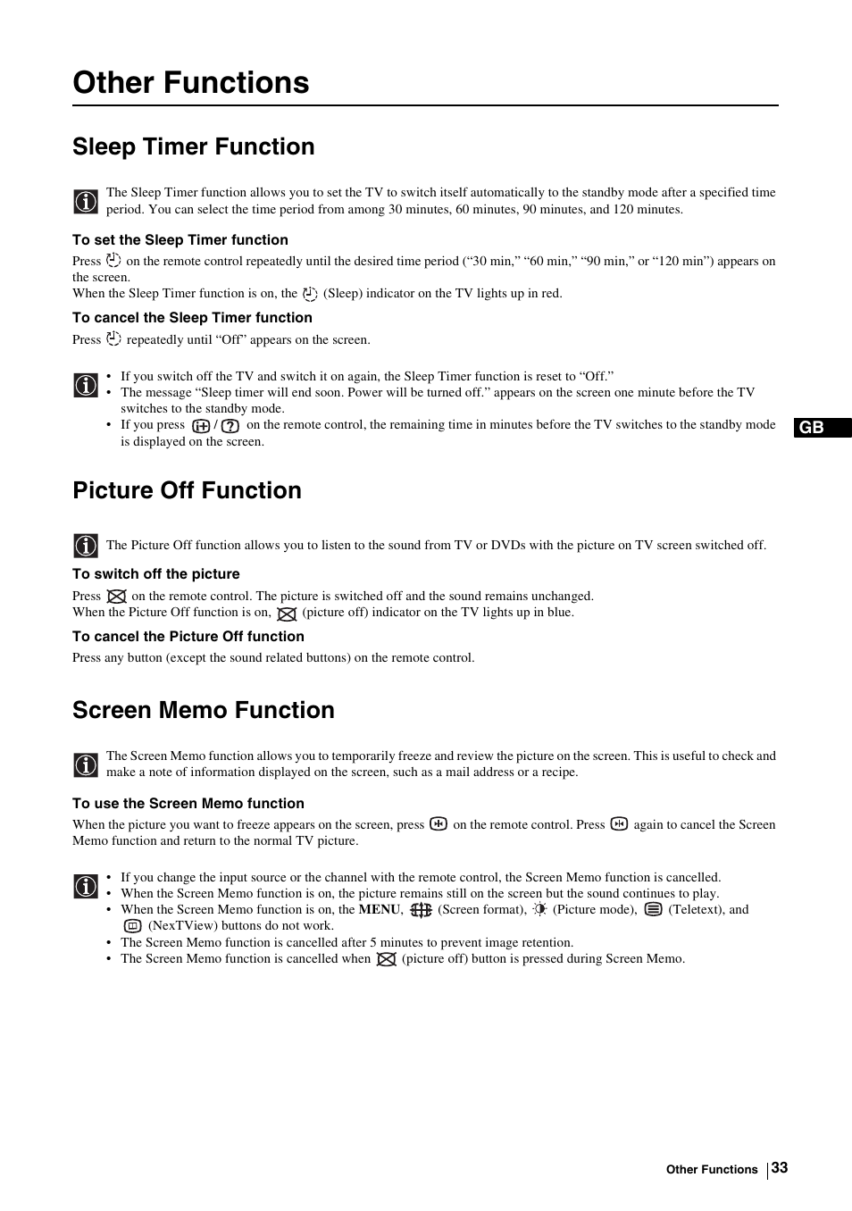 Other functions, Sleep timer function, Picture off function | Screen memo function | Sony KE-P37M1 User Manual | Page 35 / 204