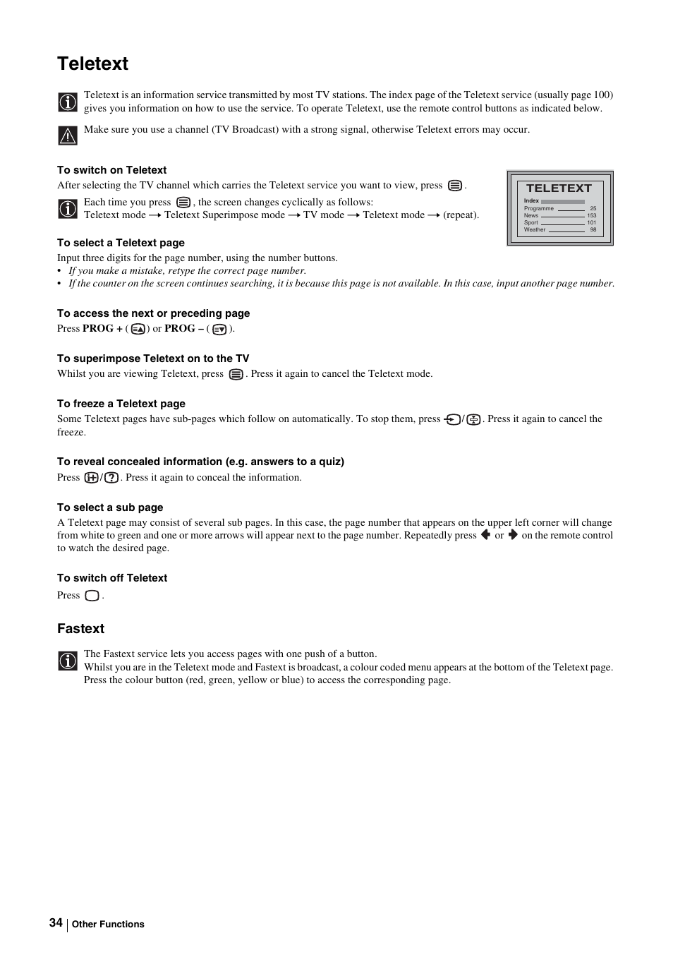 Teletext, Fastext | Sony KE-P37M1 User Manual | Page 36 / 204