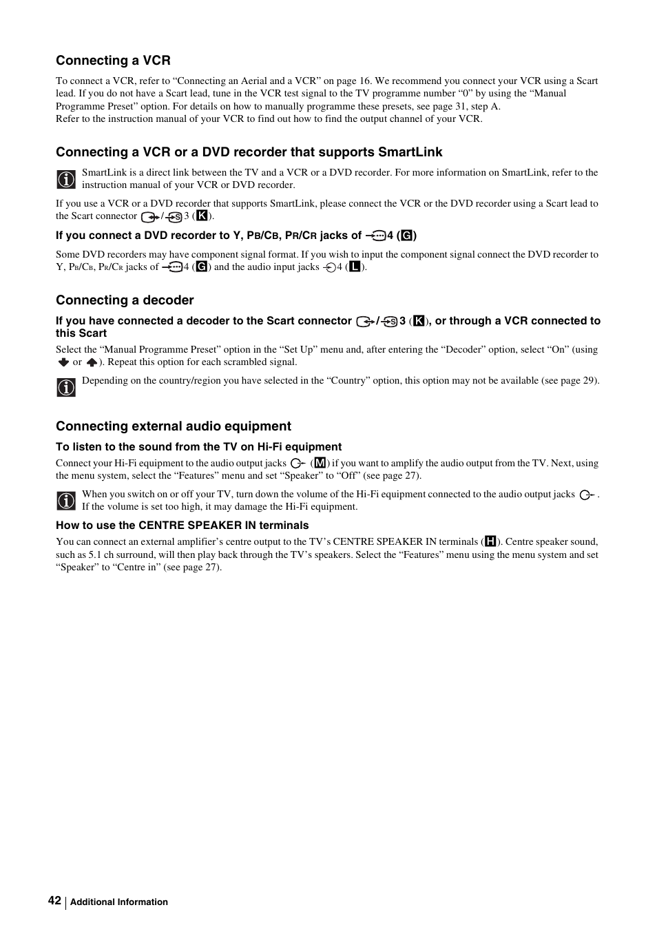 Connecting a vcr, Connecting a decoder, Connecting external audio equipment | Sony KE-P37M1 User Manual | Page 44 / 204