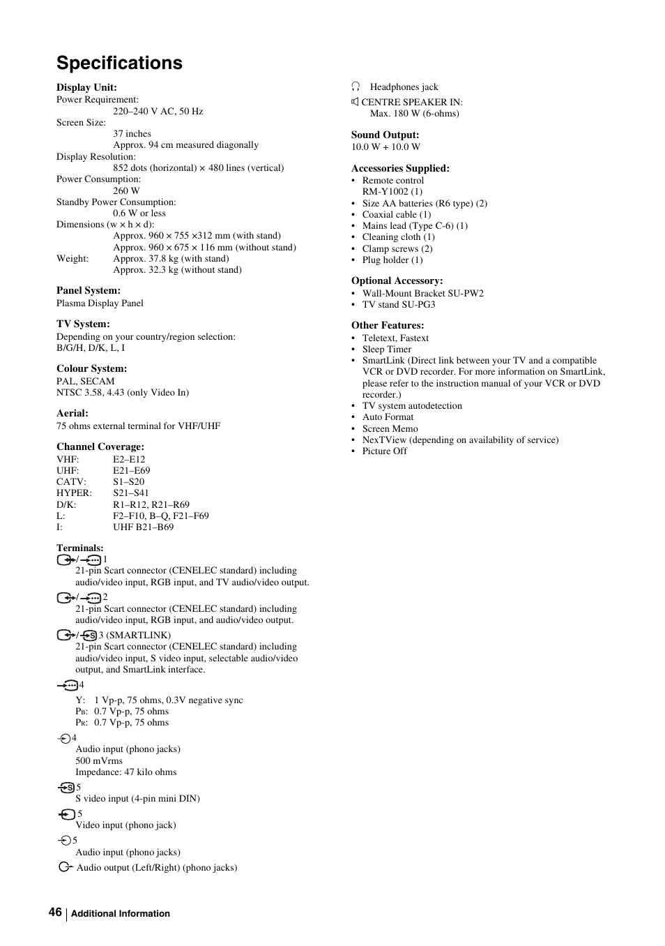 Specifications | Sony KE-P37M1 User Manual | Page 48 / 204