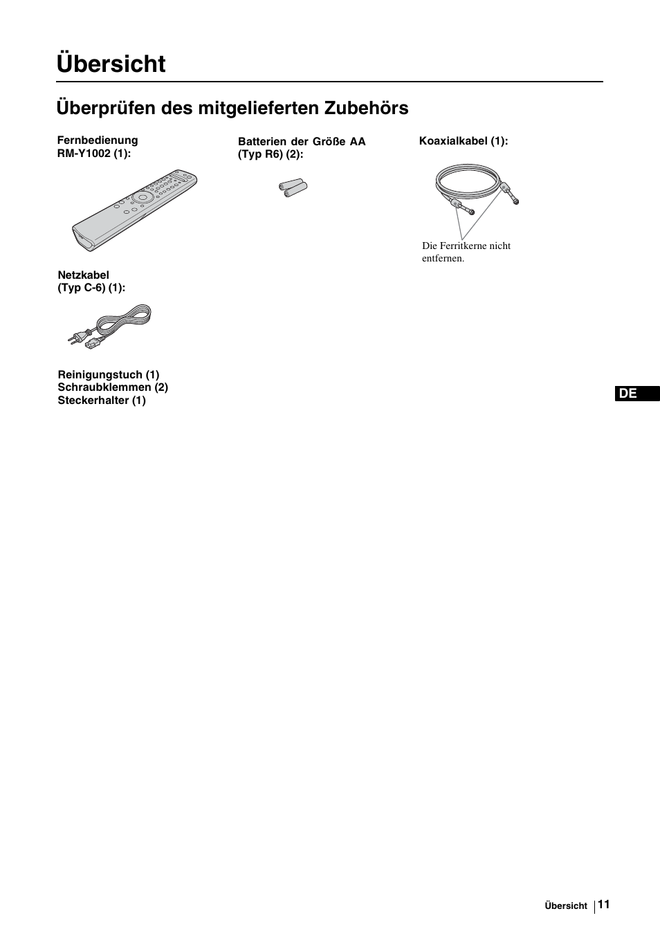 Übersicht, Überprüfen des mitgelieferten zubehörs | Sony KE-P37M1 User Manual | Page 63 / 204