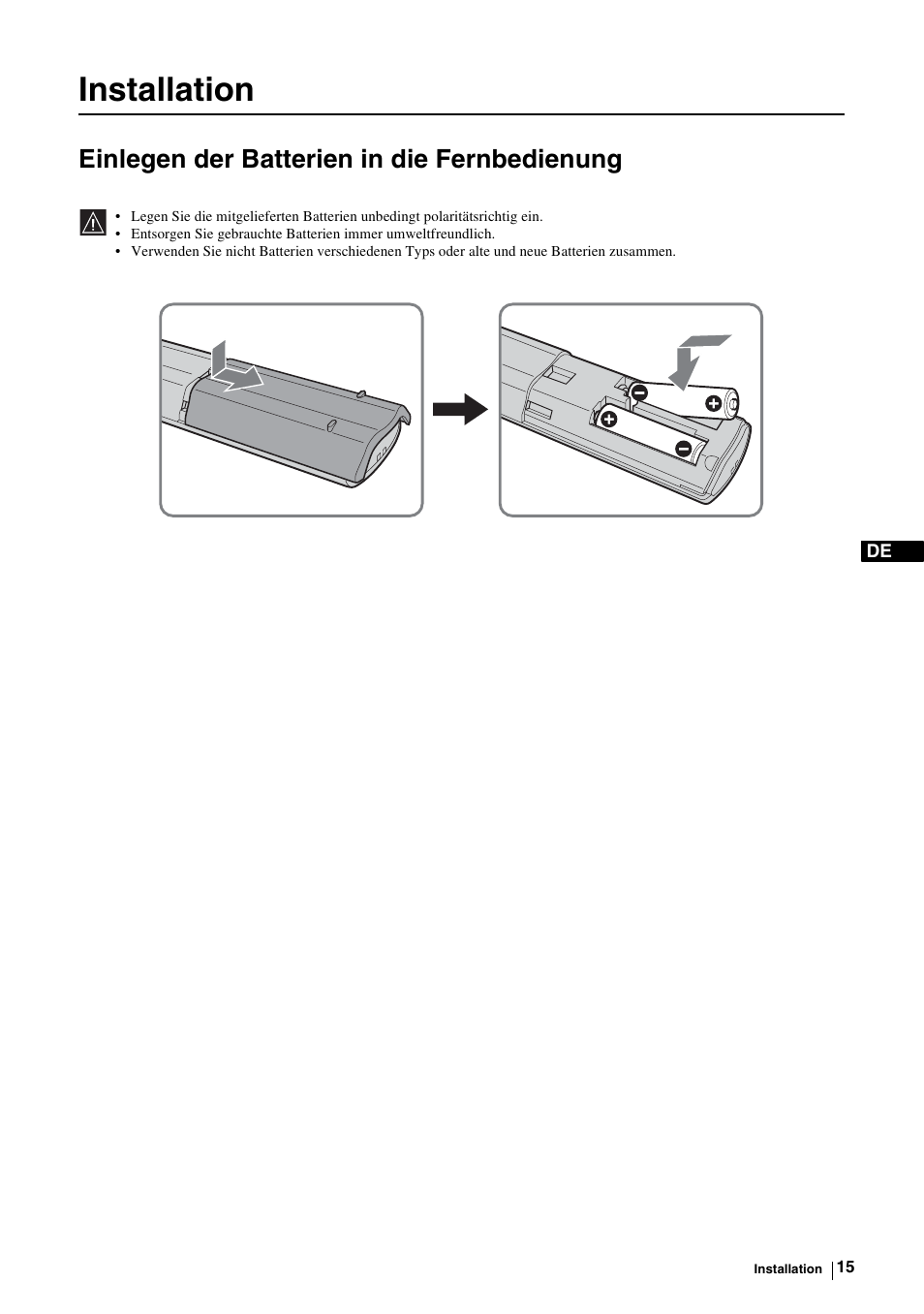 Installation, Einlegen der batterien in die fernbedienung | Sony KE-P37M1 User Manual | Page 67 / 204