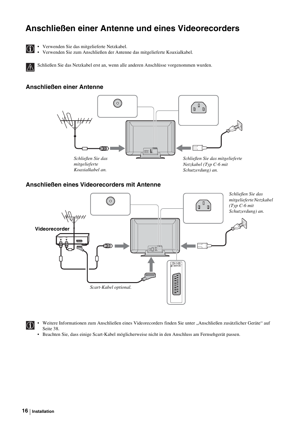 Anschließen einer antenne und eines videorecorders, Anschließen einer antenne, Anschließen eines videorecorders mit antenne | Sony KE-P37M1 User Manual | Page 68 / 204