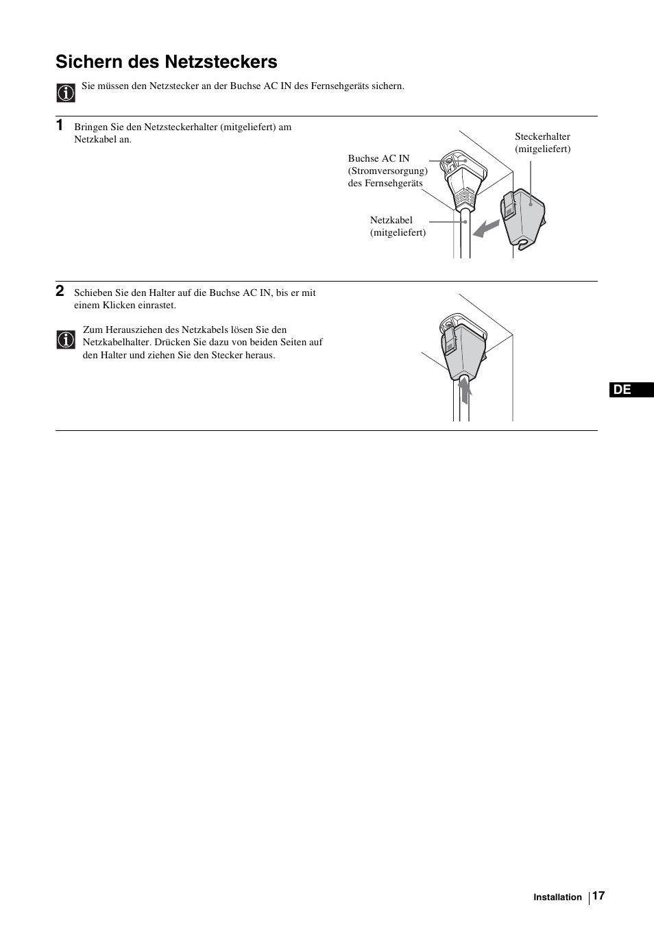 Sichern des netzsteckers | Sony KE-P37M1 User Manual | Page 69 / 204