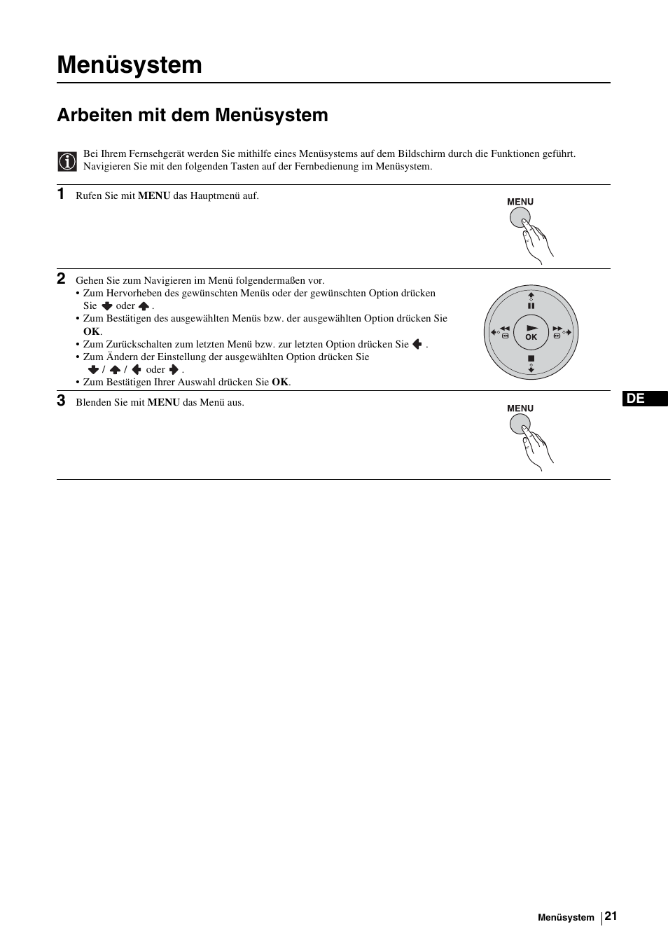 Menüsystem, Arbeiten mit dem menüsystem, R „arbeiten | Mit dem menüsystem“ auf seite 21 | Sony KE-P37M1 User Manual | Page 73 / 204