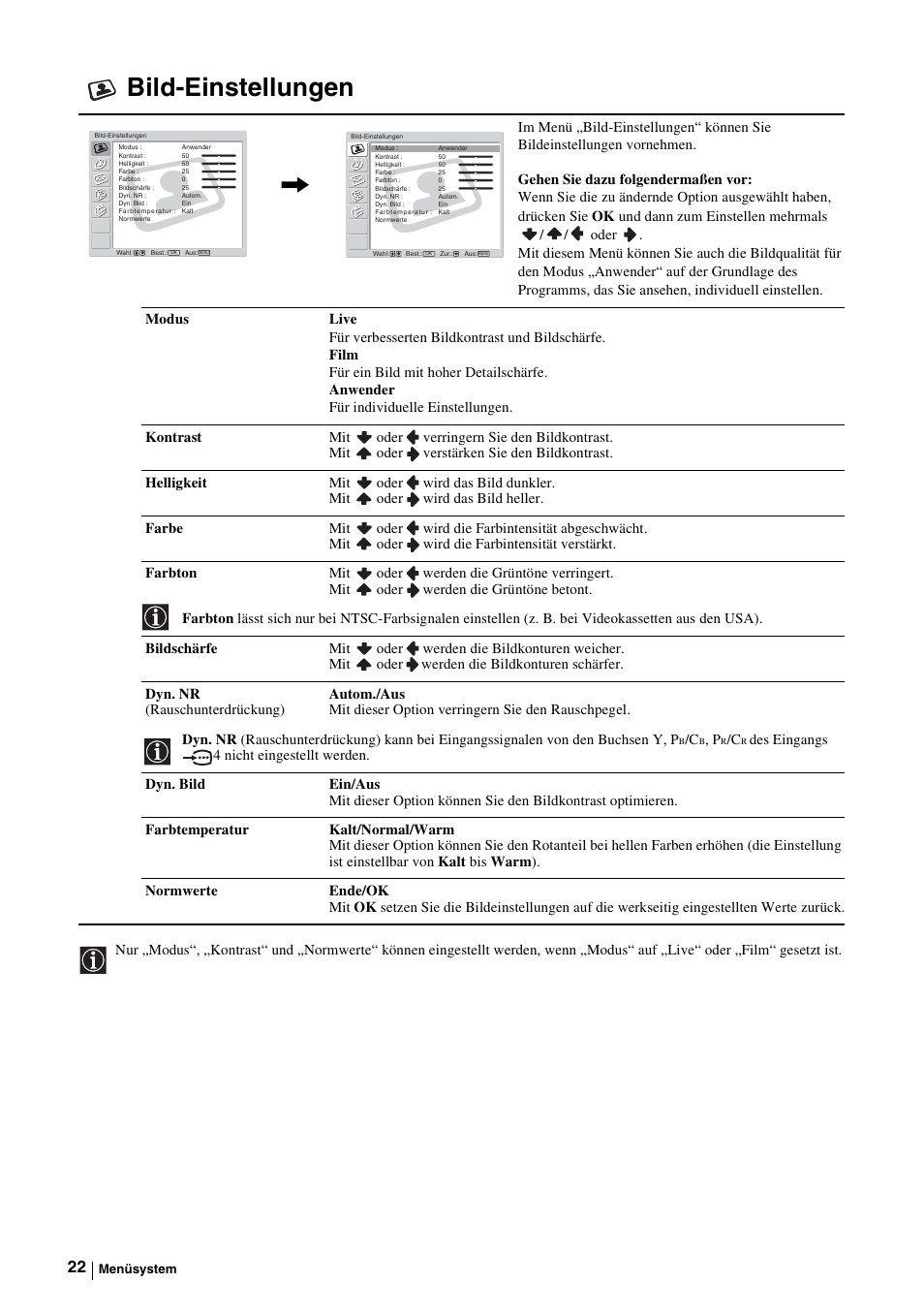 Bild-einstellungen, R „bild-einstellungen“ auf seite 22 | Sony KE-P37M1 User Manual | Page 74 / 204