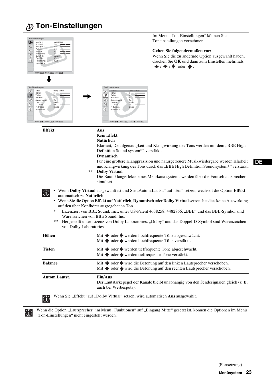 Ton-einstellungen, R „ton-einstellungen“ auf seite 23 | Sony KE-P37M1 User Manual | Page 75 / 204