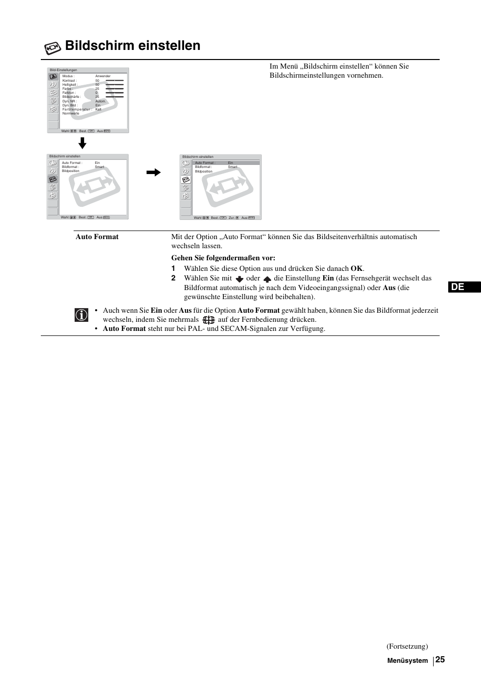 Bildschirm einstellen, Bildschirm einstellen“ auf seite 25, Fortsetzung) | Sony KE-P37M1 User Manual | Page 77 / 204