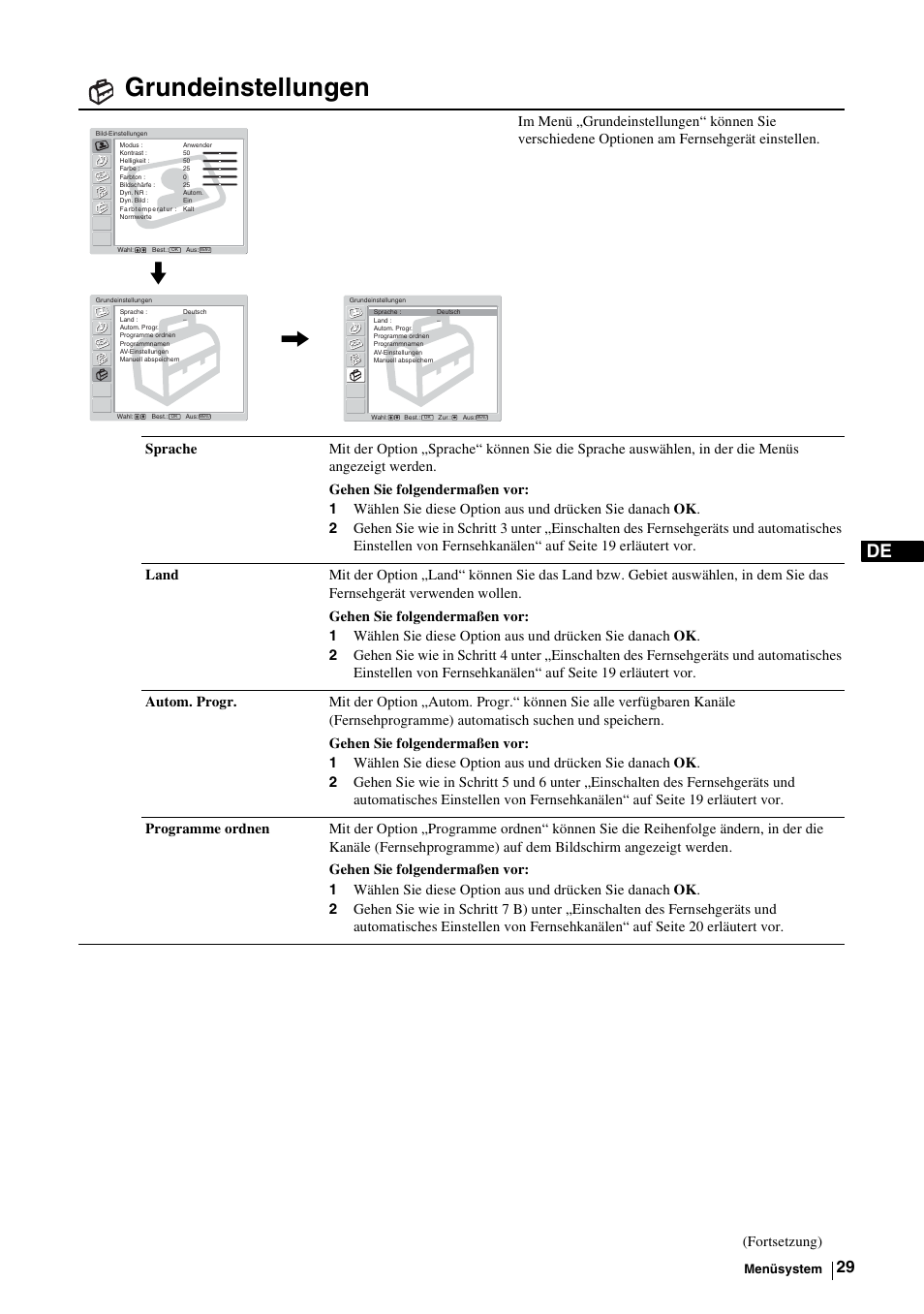 Grundeinstellungen, Fortsetzung) | Sony KE-P37M1 User Manual | Page 81 / 204