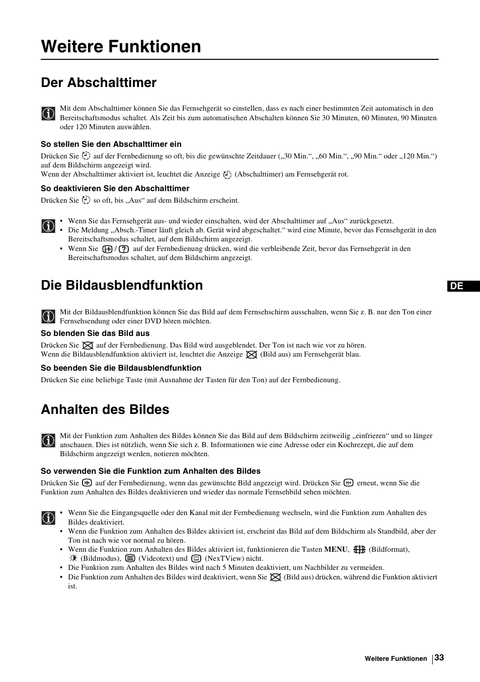 Weitere funktionen, Der abschalttimer, Die bildausblendfunktion | Anhalten des bildes, R „der abschalttimer“ auf seite 33, F seite 33, Der abschalttimer“ auf seite 33 | Sony KE-P37M1 User Manual | Page 85 / 204