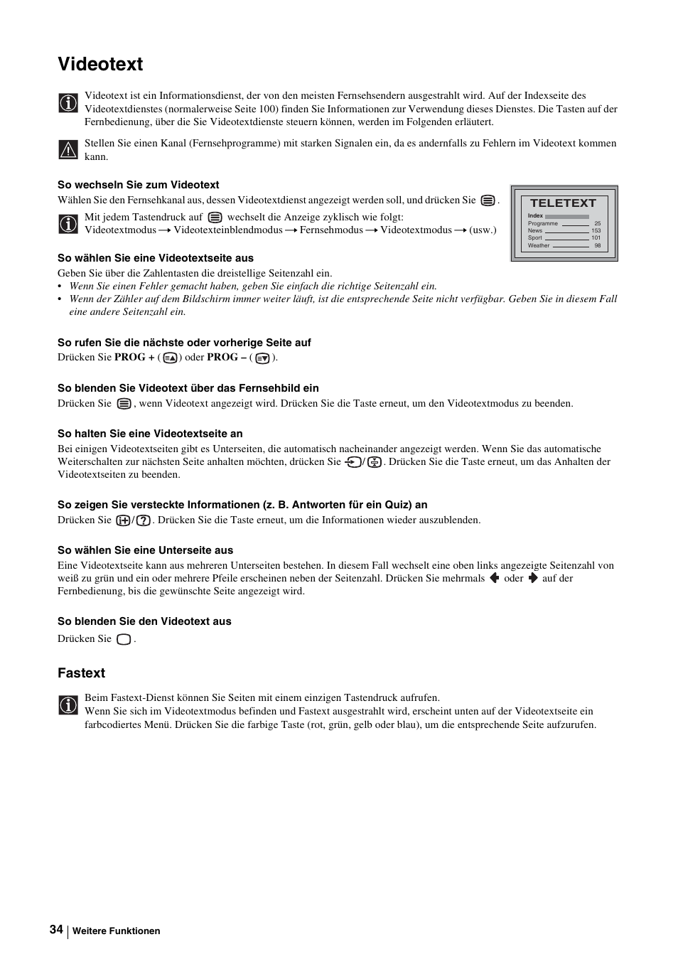 Videotext, Er „videotext“ auf seite 34, Videotext“ auf seite 34 | Fastext | Sony KE-P37M1 User Manual | Page 86 / 204