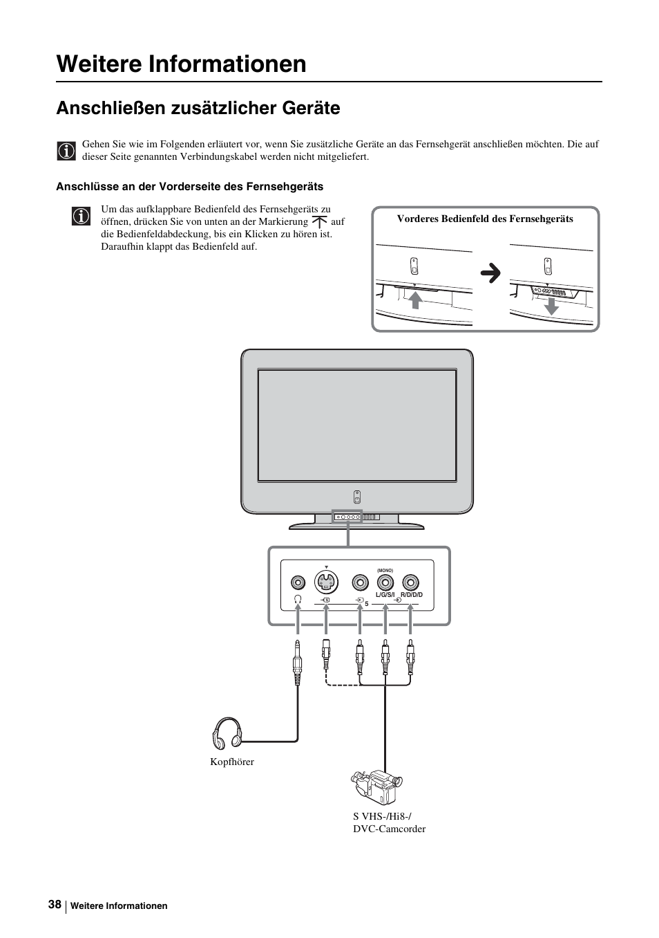 Weitere informationen, Anschließen zusätzlicher geräte, Anschließen zusätzlicher geräte“ auf seite 38 | Sony KE-P37M1 User Manual | Page 90 / 204