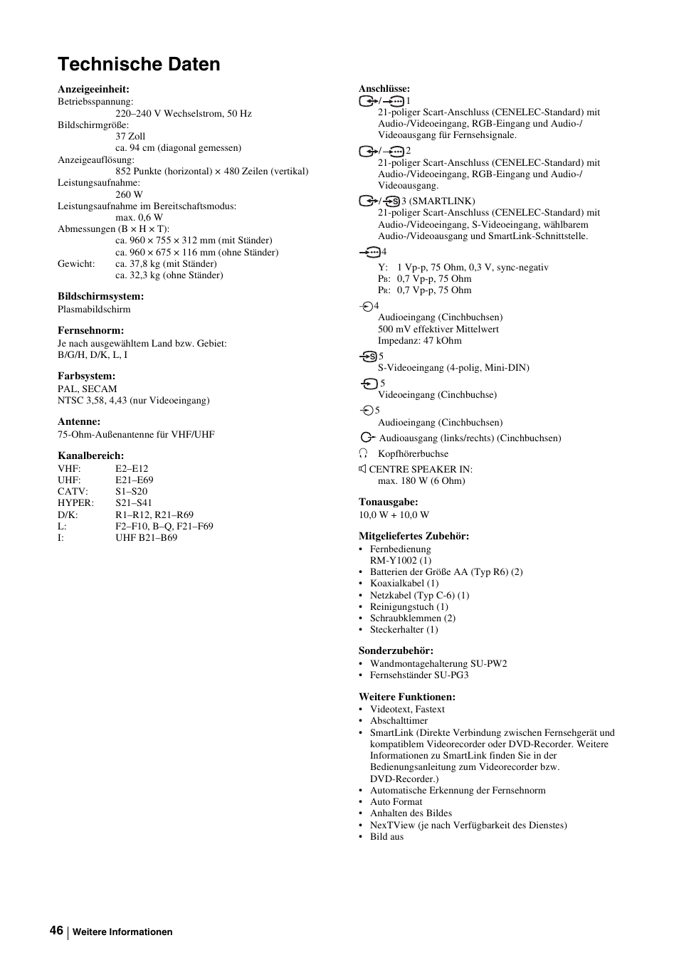 Technische daten | Sony KE-P37M1 User Manual | Page 98 / 204