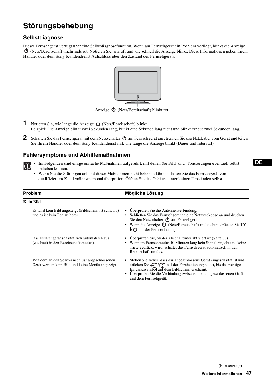 Störungsbehebung, R „selbstdiagnose“ auf seite 47, Selbstdiagnose | Fehlersymptome und abhilfemaßnahmen | Sony KE-P37M1 User Manual | Page 99 / 204