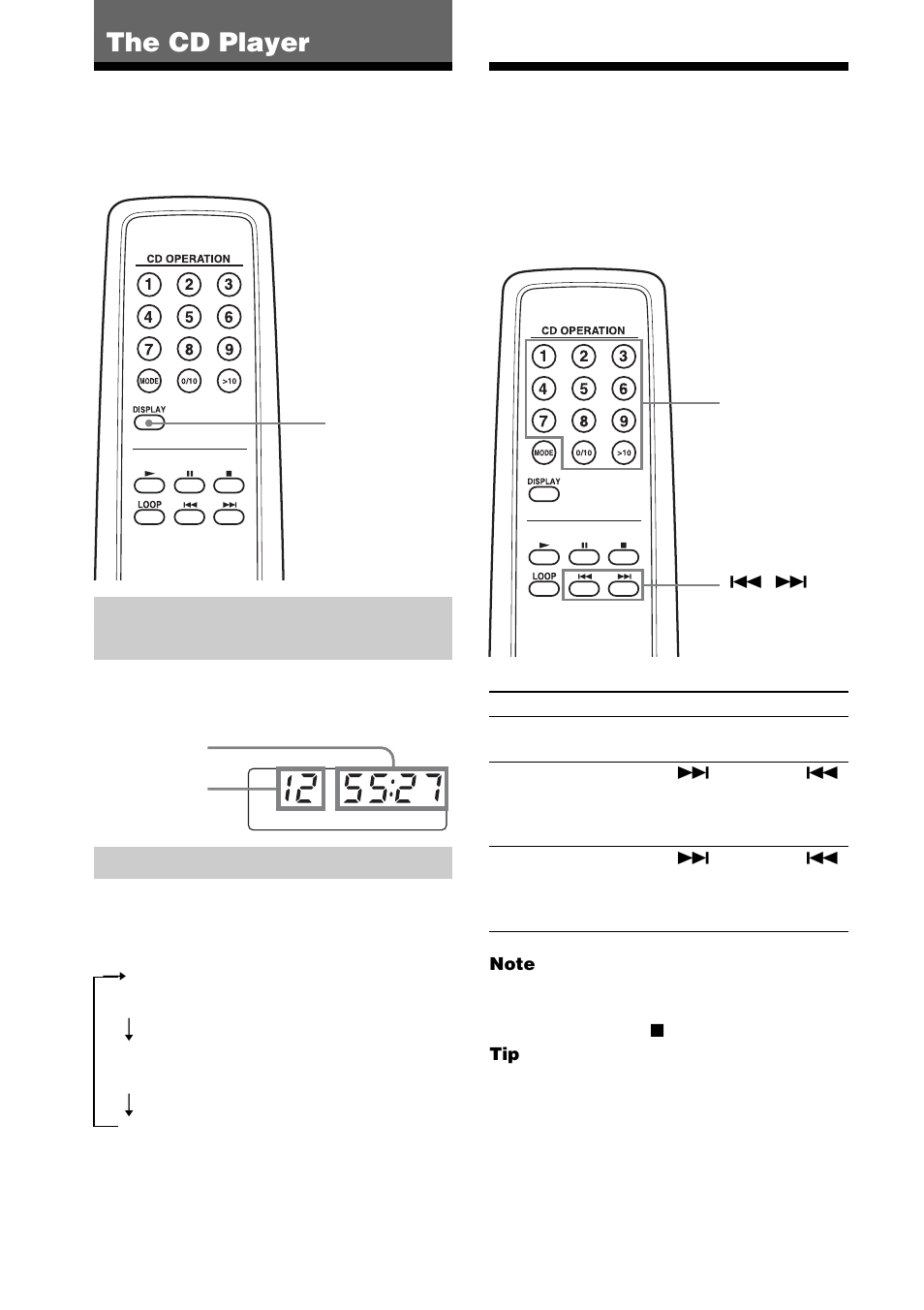 The cd player, Using the display, Locating a specific track | Checking the total track number and playing time, Checking the remaining time | Sony CFD-CD777S MK2 User Manual | Page 14 / 56