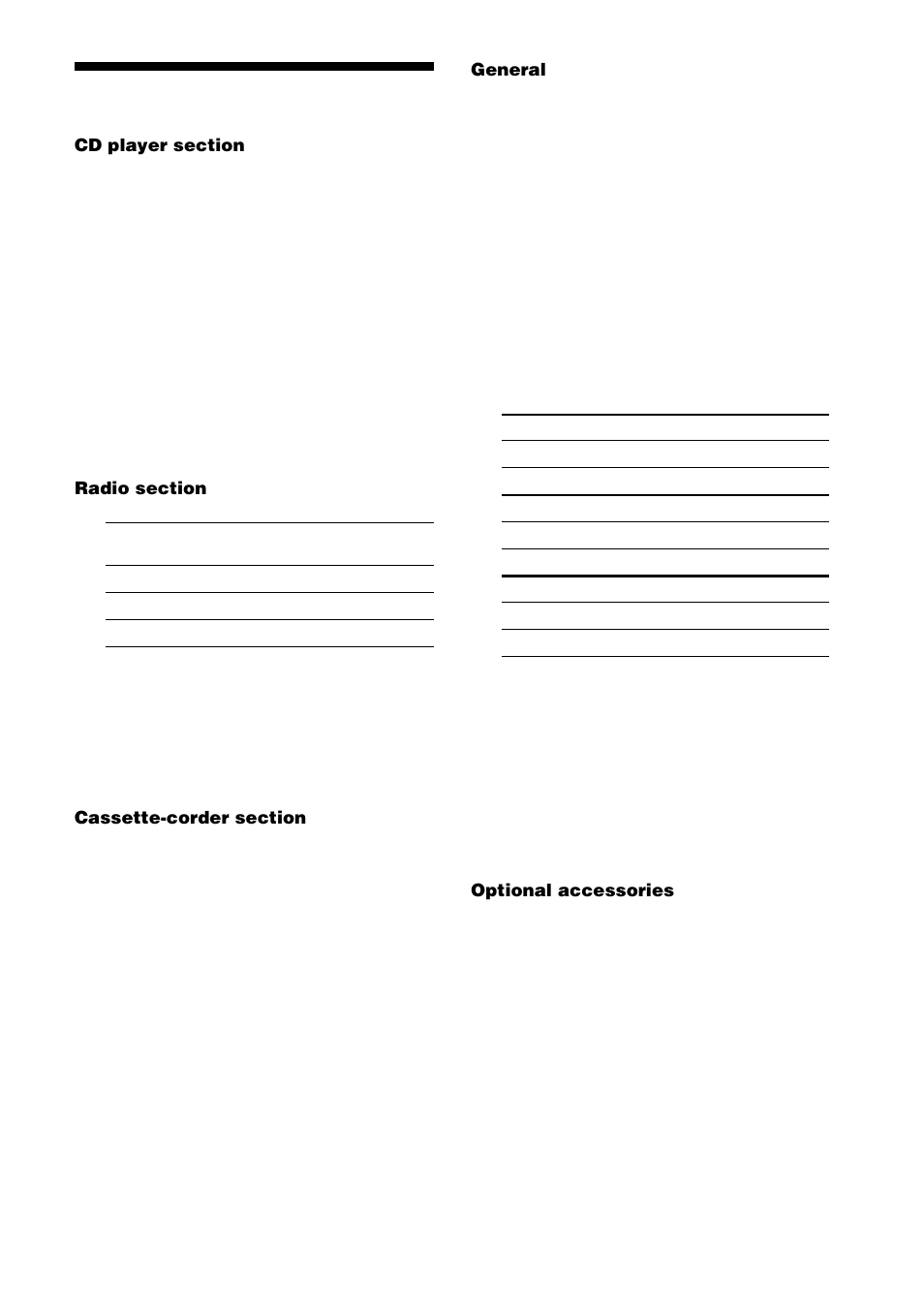 Specifications, General, Optional accessories | Sony CFD-CD777S MK2 User Manual | Page 27 / 56