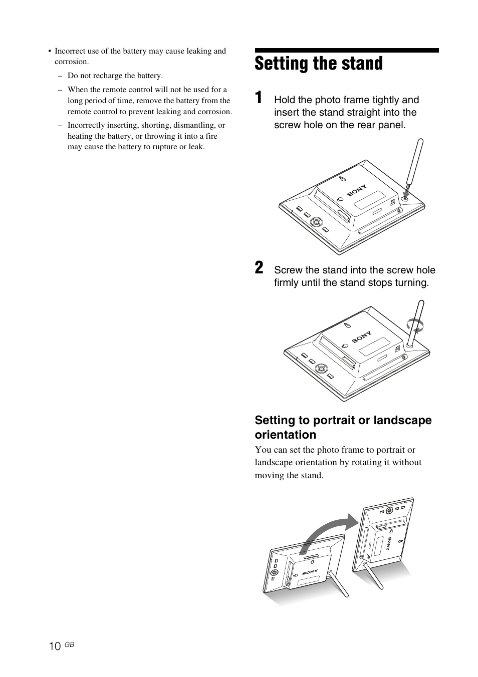 Setting the stand | Sony DPF-E75 User Manual | Page 10 / 48