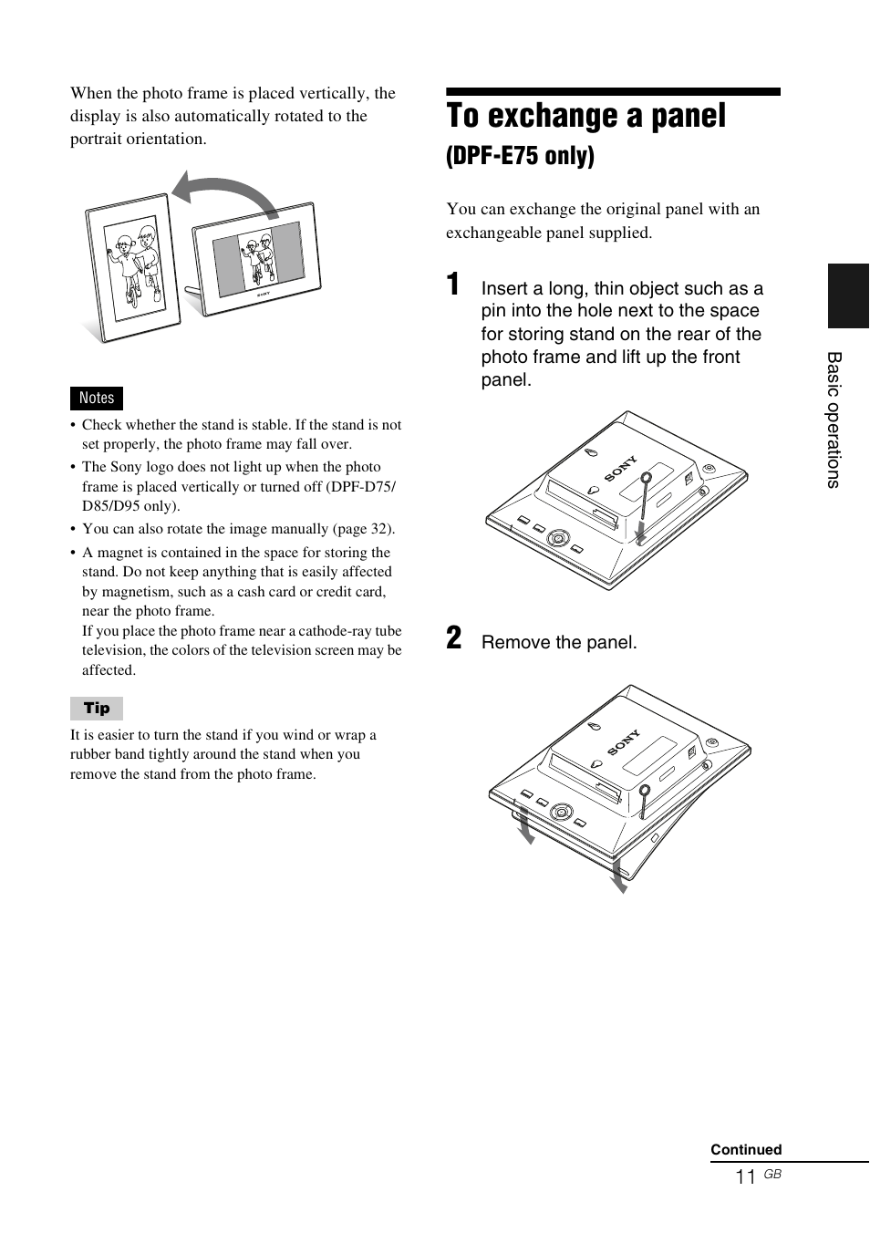 To exchange a panel (dpf-e75 only), Dpf-e75 only) | Sony DPF-E75 User Manual | Page 11 / 48