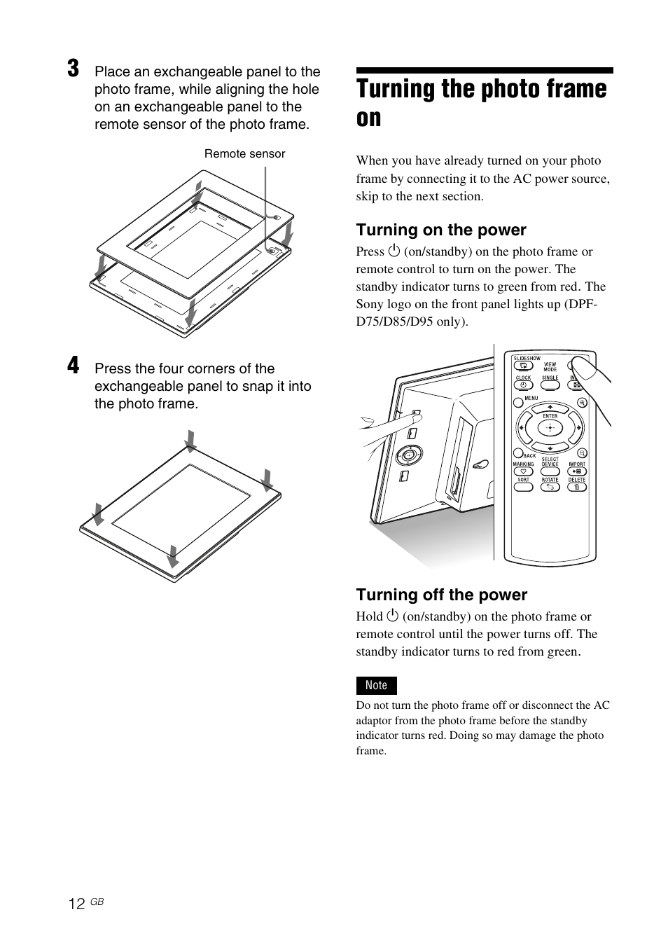 Turning the photo frame on | Sony DPF-E75 User Manual | Page 12 / 48