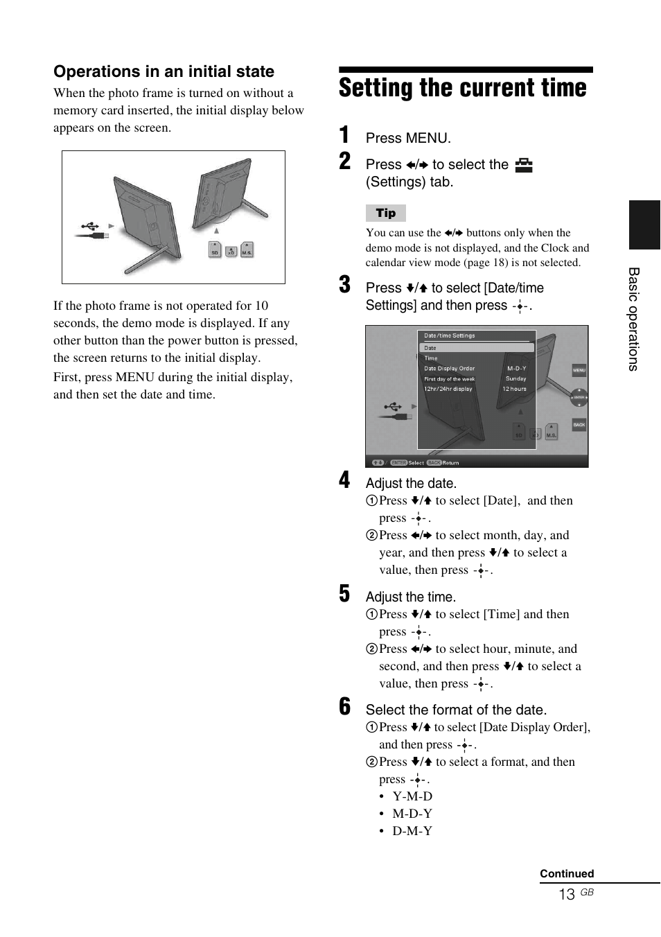 Setting the current time | Sony DPF-E75 User Manual | Page 13 / 48