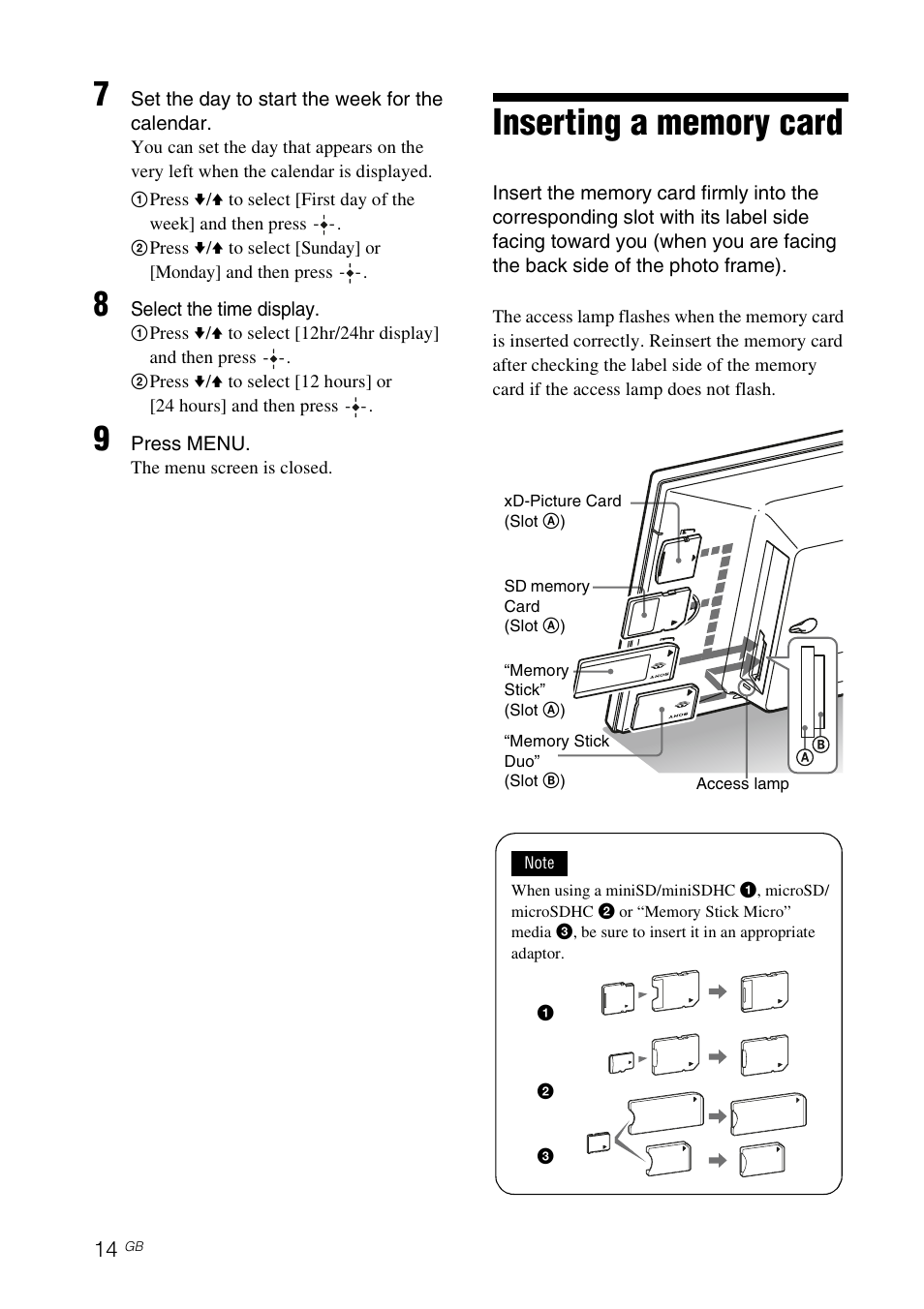 Inserting a memory card | Sony DPF-E75 User Manual | Page 14 / 48