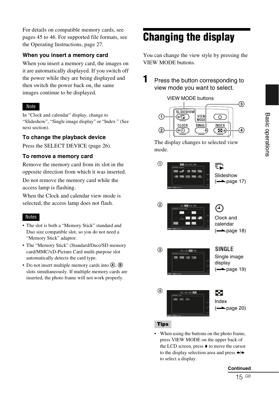 Changing the display | Sony DPF-E75 User Manual | Page 15 / 48