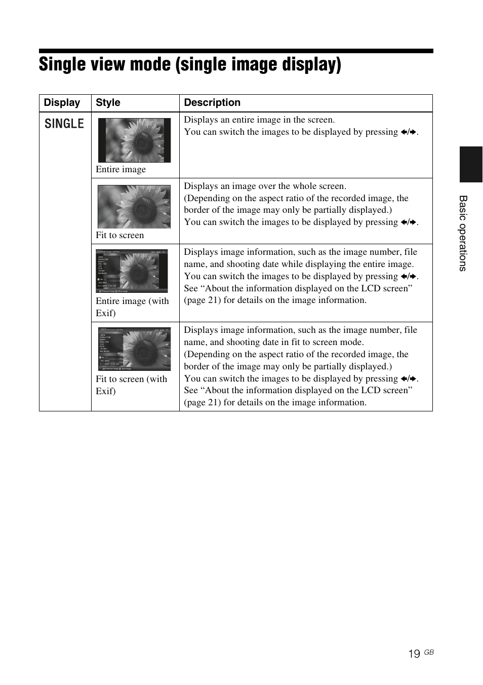 Single view mode (single image display), Ge 19) | Sony DPF-E75 User Manual | Page 19 / 48