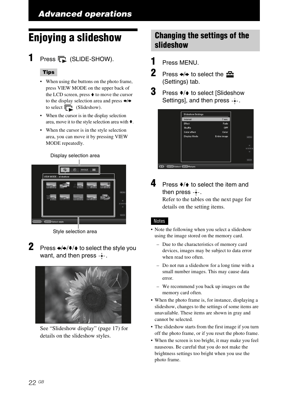 Advanced operations, Enjoying a slideshow, Changing the settings of the slideshow | Sony DPF-E75 User Manual | Page 22 / 48