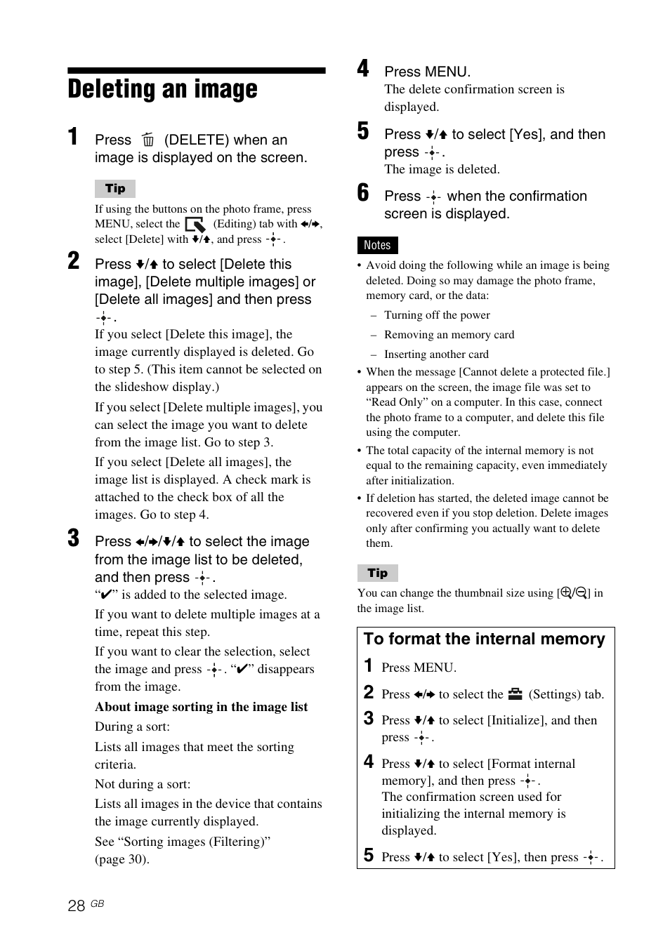 Deleting an image | Sony DPF-E75 User Manual | Page 28 / 48