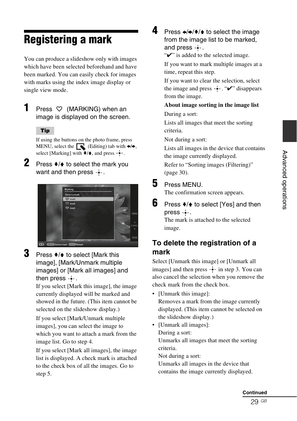 Registering a mark | Sony DPF-E75 User Manual | Page 29 / 48