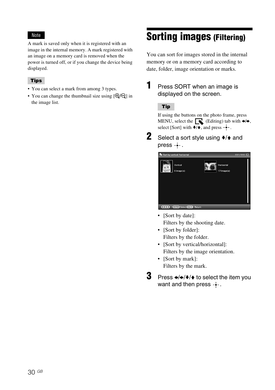 Sorting images (filtering), Sorting images, Filtering) | Sony DPF-E75 User Manual | Page 30 / 48