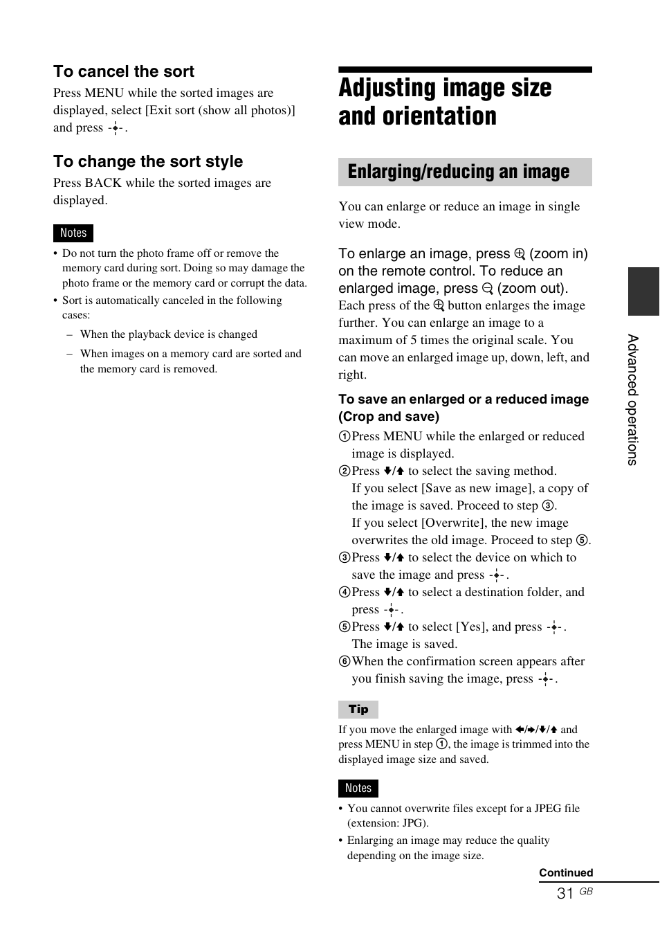 Adjusting image size and orientation, Enlarging/reducing an image | Sony DPF-E75 User Manual | Page 31 / 48