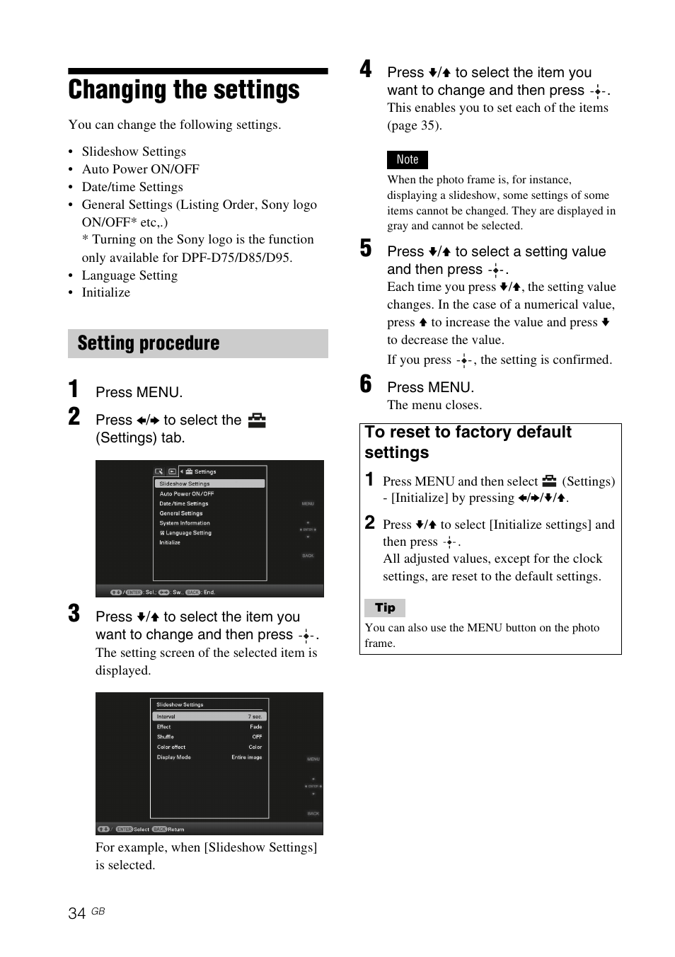Changing the settings, Setting procedure | Sony DPF-E75 User Manual | Page 34 / 48