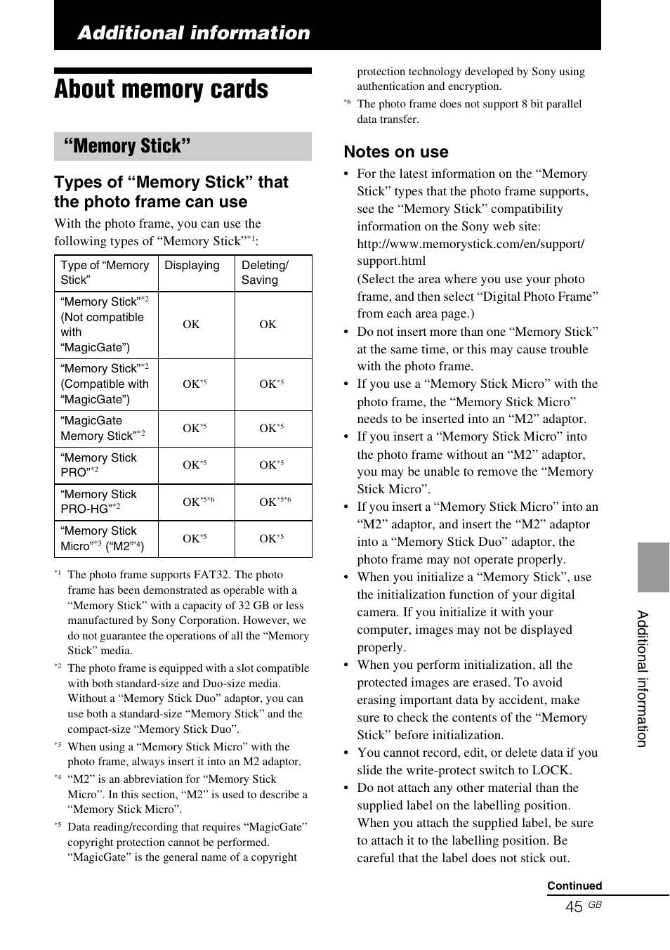 Additional information, About memory cards, Memory stick | Ad di tion al i n fo rm a tio n | Sony DPF-E75 User Manual | Page 45 / 48